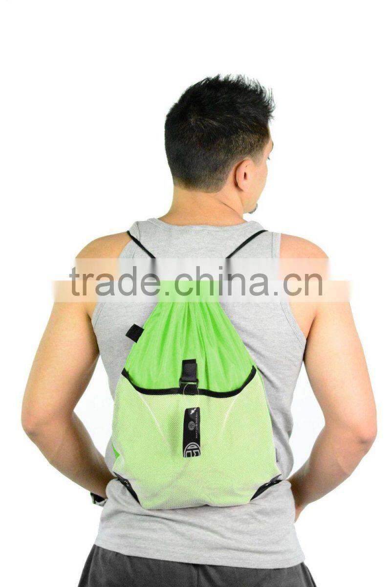 Promotional Custom Designed Mesh Drawstring Backpacks/Wholesale string bags with front mesh pockets