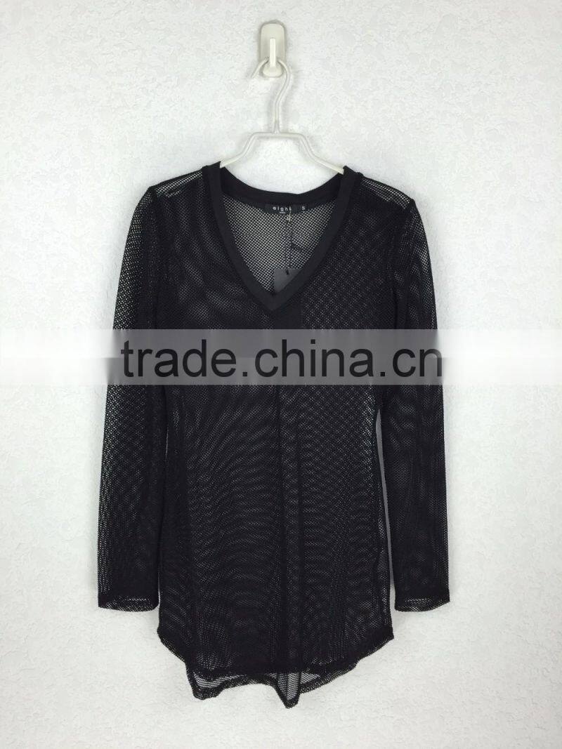 Original design lady v-neck sheer blouse long sleeve black mesh fabric blouse