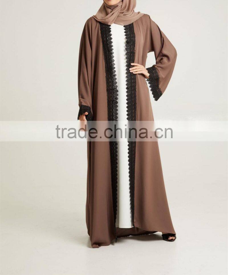 Dubai wholesale clothing 2017 Tassle belt Lace detailing Pop up buttons Mocha Nida Open Dubai Abaya