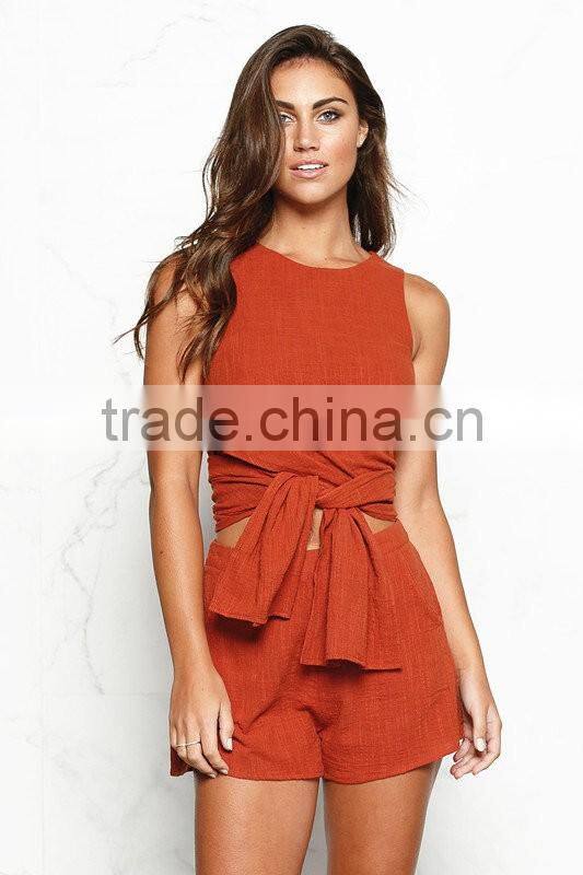 Cotton & Linen Fashionable High Low Crop Tops And Shorts Women Two Piece Sets