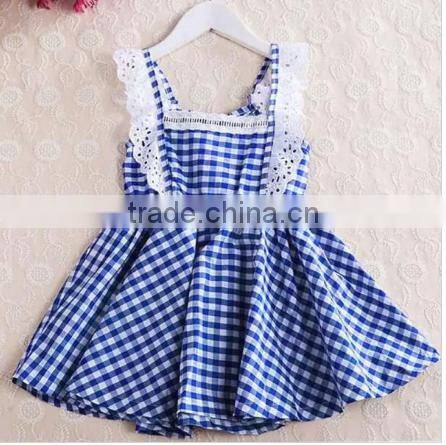 New arrival children clothes lace trim bule plaid kids clothing wholesale 100%cotton baby nice dress