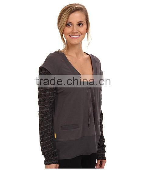 women false two-piece sweatshirt with scoop neckline features adjustable collar