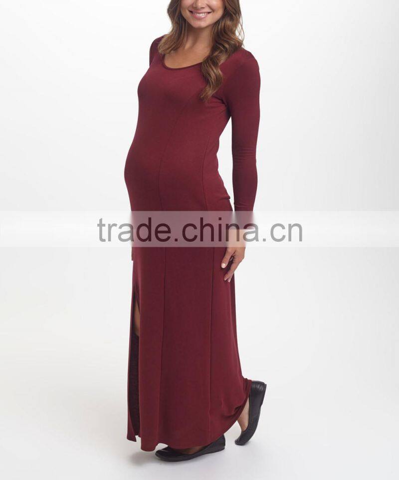 Newest Maternity Dresses With Burgundy Maternity Side-Slit Maxi Dress Fashion Women Clothing WD80817-19
