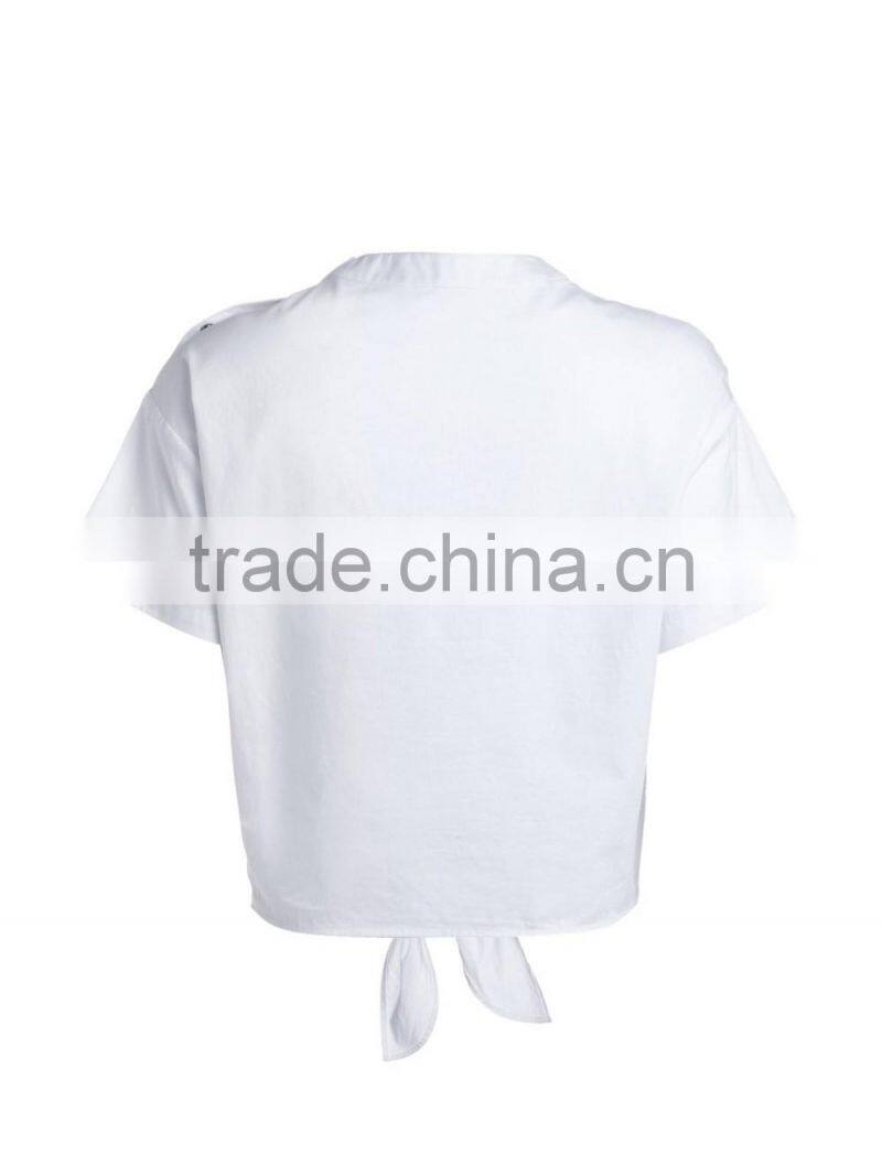 Ladies white shoulder snap button short sleeve woven t shirt with front bow