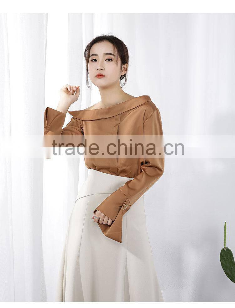 2017 autumn new style chiffon sexy collar diagonal shoulder long sleeve fashion blouse chiffon shirt