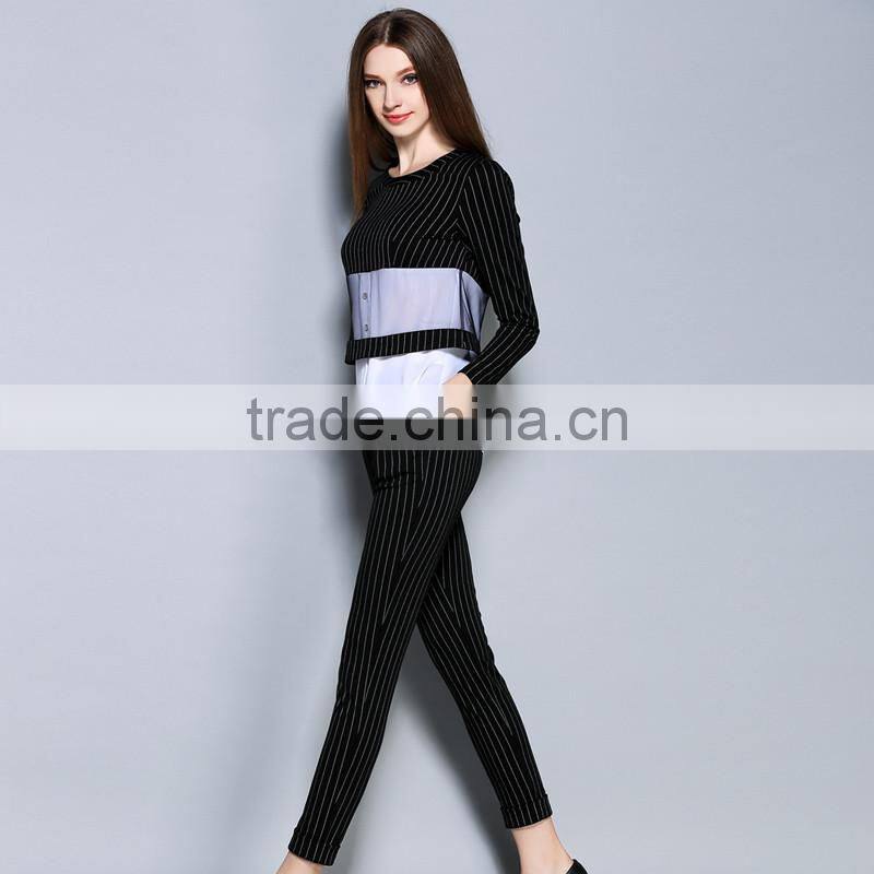 long sleeve clothes women stripe elegance cotton ladies 2 piece suit for women