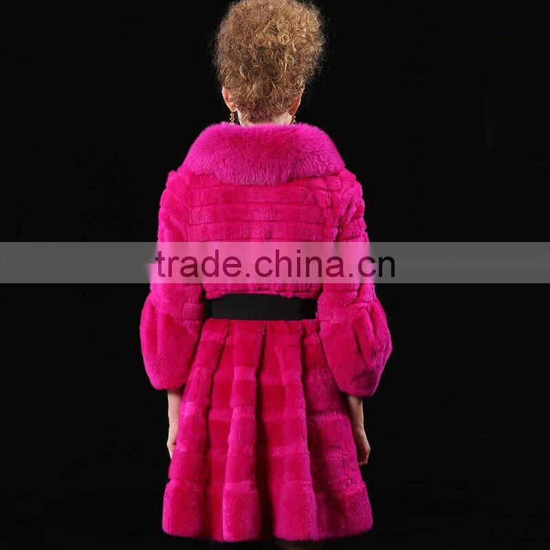 2017 real animal fur woman overcoat knit Rex rabbit fur with fox fur collar