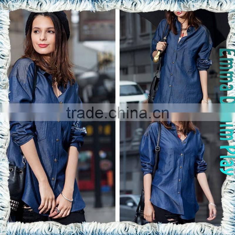 Long Sleeve Patches Longline Jean Shirts for Ladies
