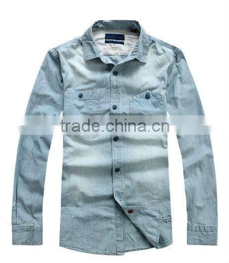 100% cotton dark blue washed cowboy long sleeve casual shirts for men with two pockets