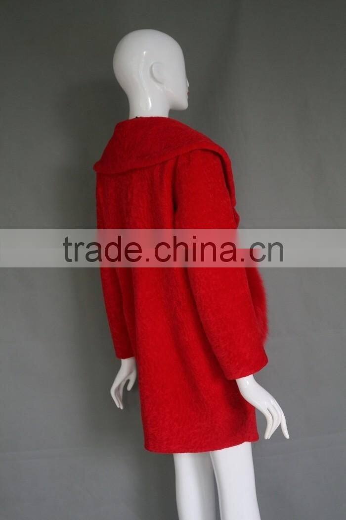 2016 Factory direct wholesale fashion lady's bright red lamb shearing fur jacket long warm real cashmere parka