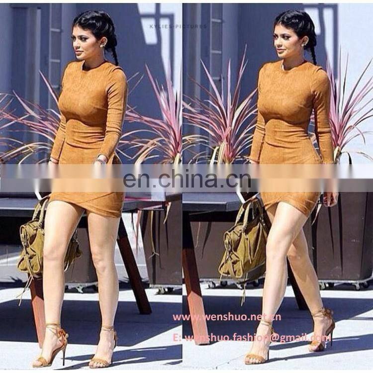 Wholesale Long Sleeve Tight Camel Suede Dress