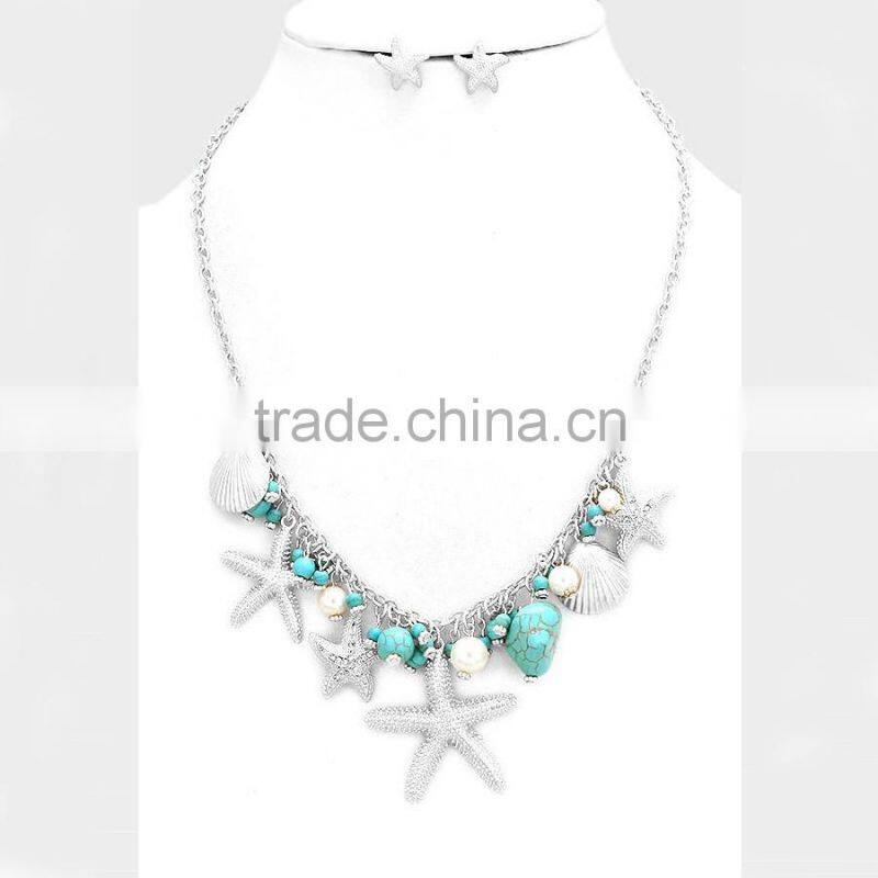 Sea Life Themed Jewelry Multi-Starfish and Shell Turquoise Charm Necklace