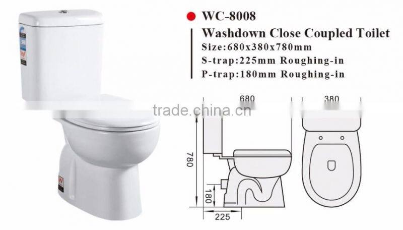 Two-Piece Washdown Cheap Watermark Toilet S/P Trap with GEBERIT or R&T Fitting Soft Cover, Australian WELS WC-8008
