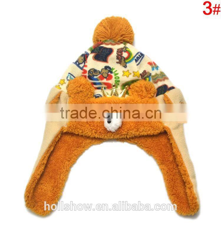 Fashion Warm Crown Fleece Bear Knitted Pom Pom Kids Earflap Hat
