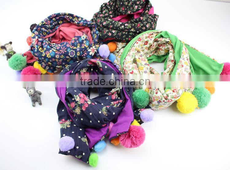 Good Quality Cute Sweet Small Floral Print Colorful Pom Pom Balls Fashion Baby Girls Winter Scarf