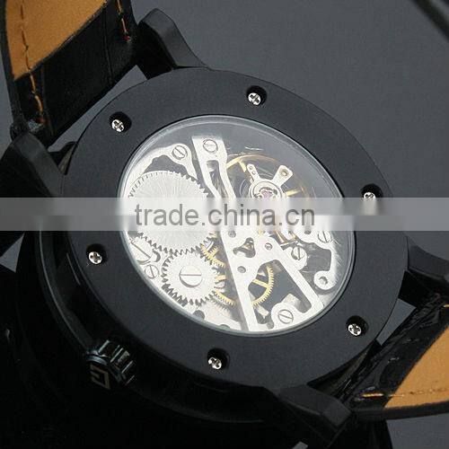 Brand Men's Black Luxury Stainless Steel Skeleton Semi-Automatic Leather Mechanical Watch WM221-ESS