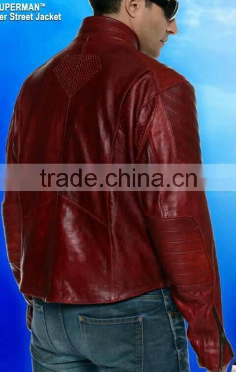 2015 NEW FASHION SUPERMAN RED GENUINE LEATHER JACKET FOR MENS MOTORBIKE LEATHER JACKET