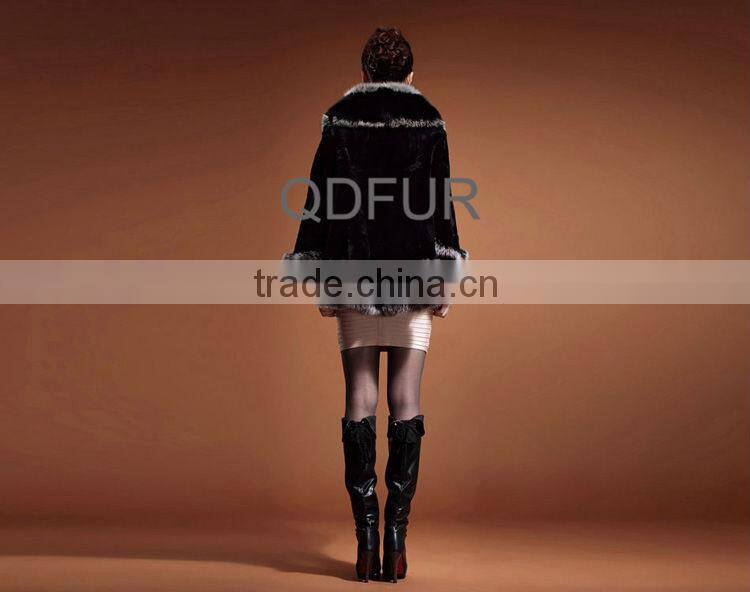 QD28040 Hot Selling Girl Women Lovely Fashion Rex Rabbit Fur Shawl with Silver Fox Fur Trim