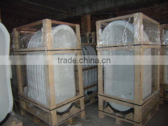 rectangular freestanding cast iron bathtub with wooden cradle