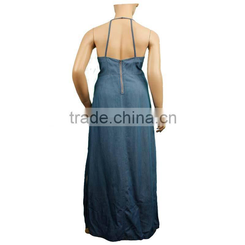 Backless adjustable blue color washed maxi women denim dress DD150932698