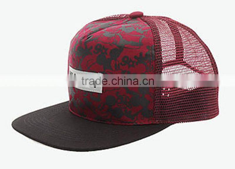 red wine flat brim trucker cap with foam mesh hat