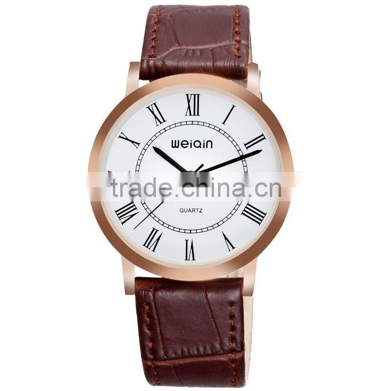 2015 latest rose golden case slim leather wrist watch for men