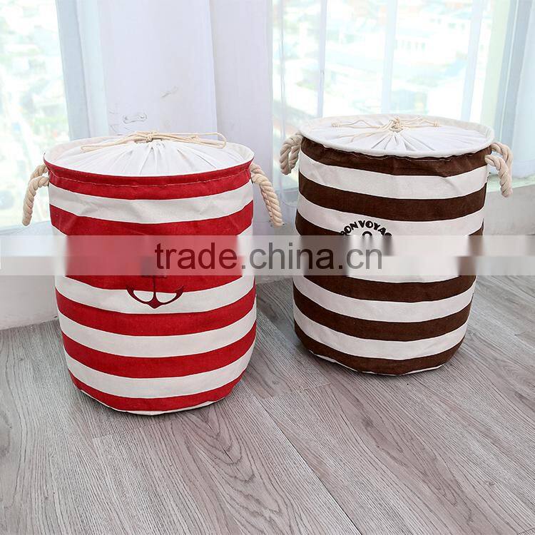 2015 new Zakka stripe The beam port Linen Multi-function Handle Stackable storage barrel Laundry basket Toy Storage box
