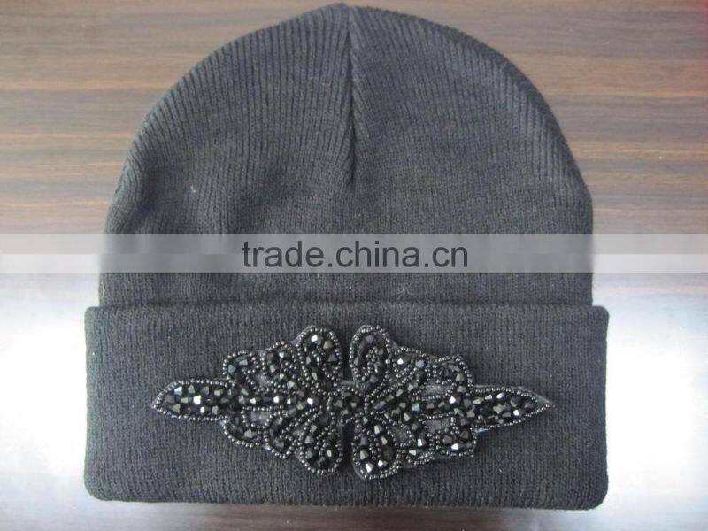 Wholesale cheap custom acrylic knitted cap and hat with diamonds