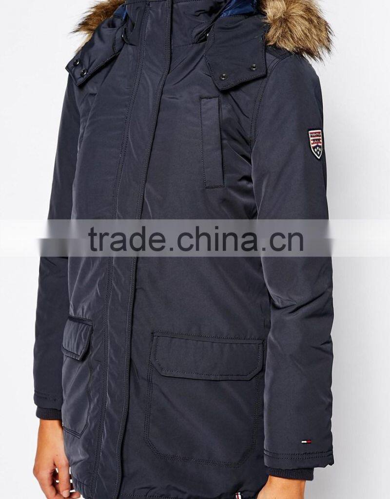 mid-long hooded womens padded coat with fur trim