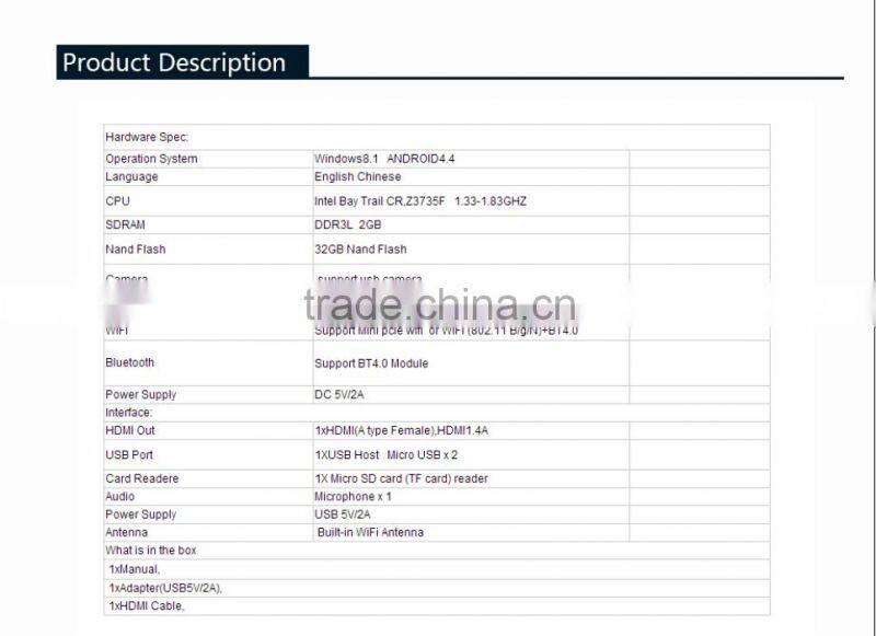 Top Quality Smart Intel Mini PC 2GB+2GB smart tv box OTT Mini supports windows8.1 android 4.4