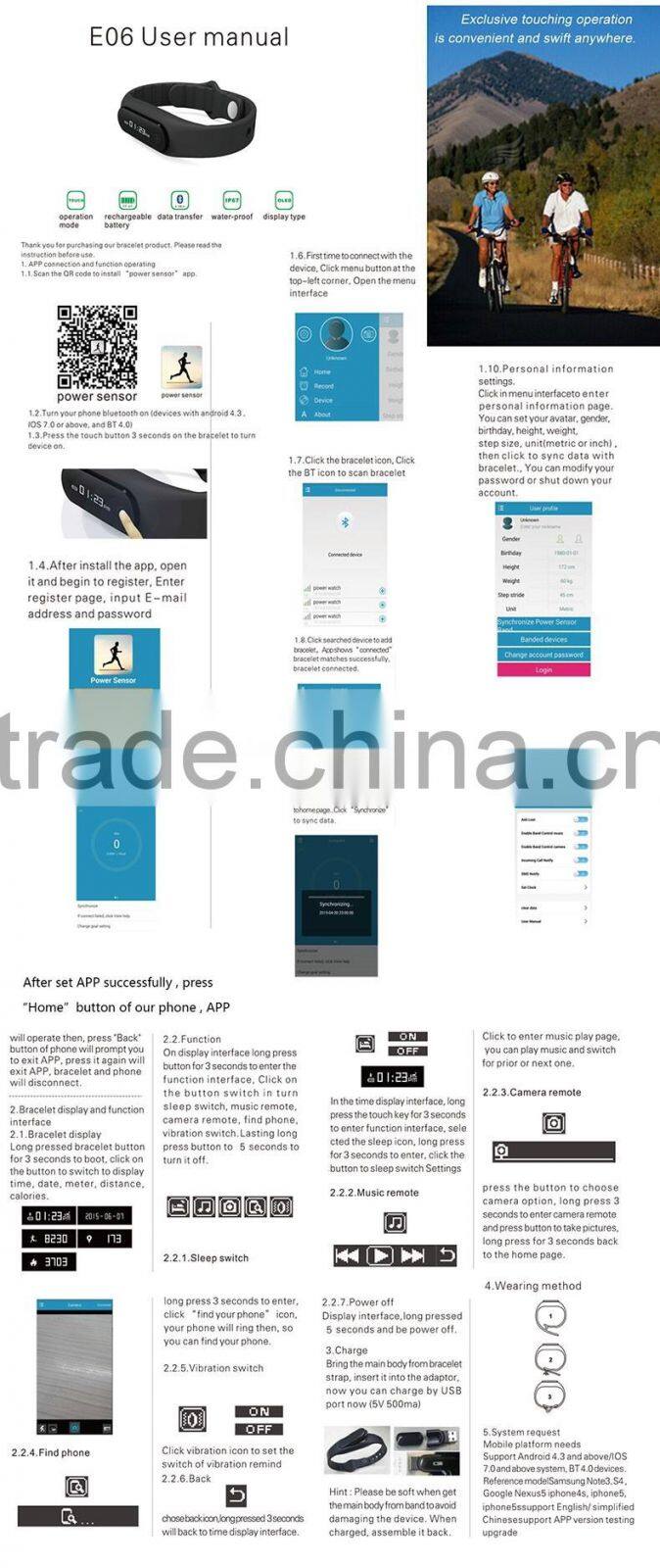 Mindary smart wristband bluetooth with OLED Touch Screen Waterproof IP67 e06 smart bracelet