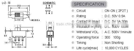SS22F39 2P2T Vertical Type Slide Switch