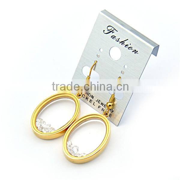 gold plating oval earrings stainless steel glass zirconia float dangle earrings