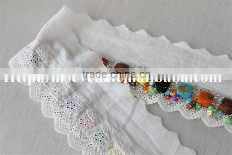 100% cotton water soluble lace trim with colorful beaded design for sale
