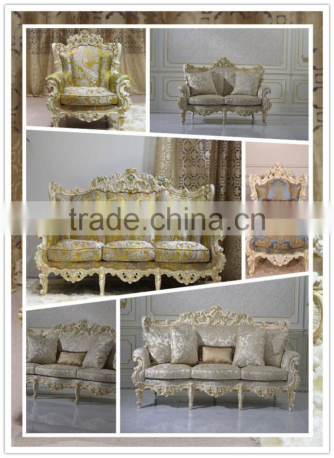 European Romantic and Sweet Style Royal Sofa Set, Wooden Flower Carved Living Room Sectional Sofa Set