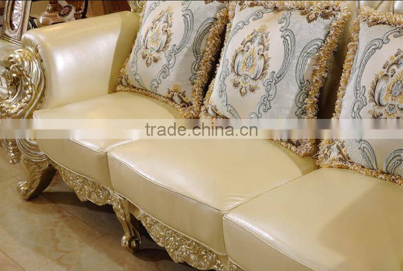 Graceful new classic living room sofa solid wood carving champagne goldfoil genuine leather sofa set