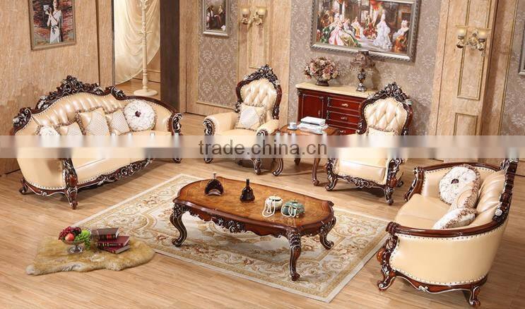 Neoclassical solid wood living room furniture genuine leather 1+2+3 sofa set