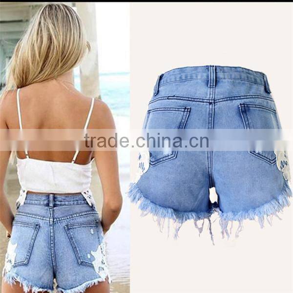 Bohemia style women high waist ripped jeans lace shorts