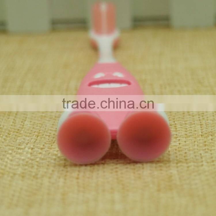 smile style handle toothbrush for kids soft rubber sucker bottom children toothbrush with tongue cleaner