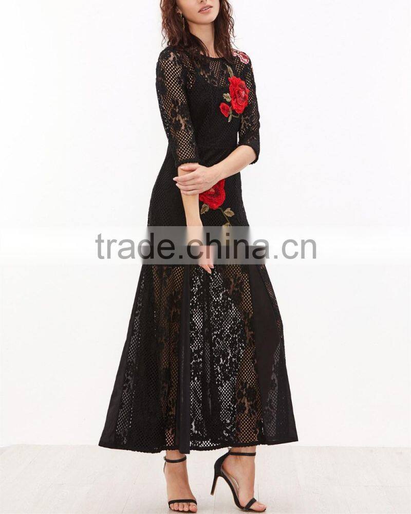 High Quality Brand Black Flower Embroidered Maxi Dresses Ladies Elegant Hollow Out Crochet Long Dresses Women's