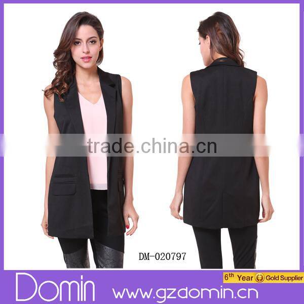 Women's Black Lapel Sleeveless Pockets Blazer