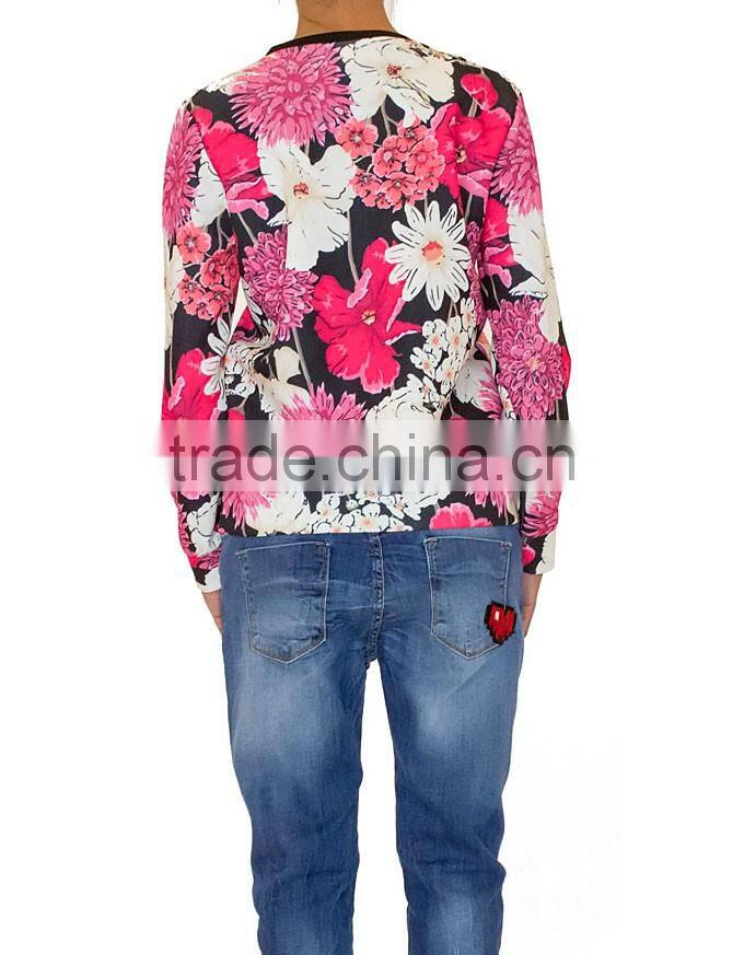 2015 New Fashion Round Neck Floral printed Long Sleeve Polo Womens T-shirt Wholesale