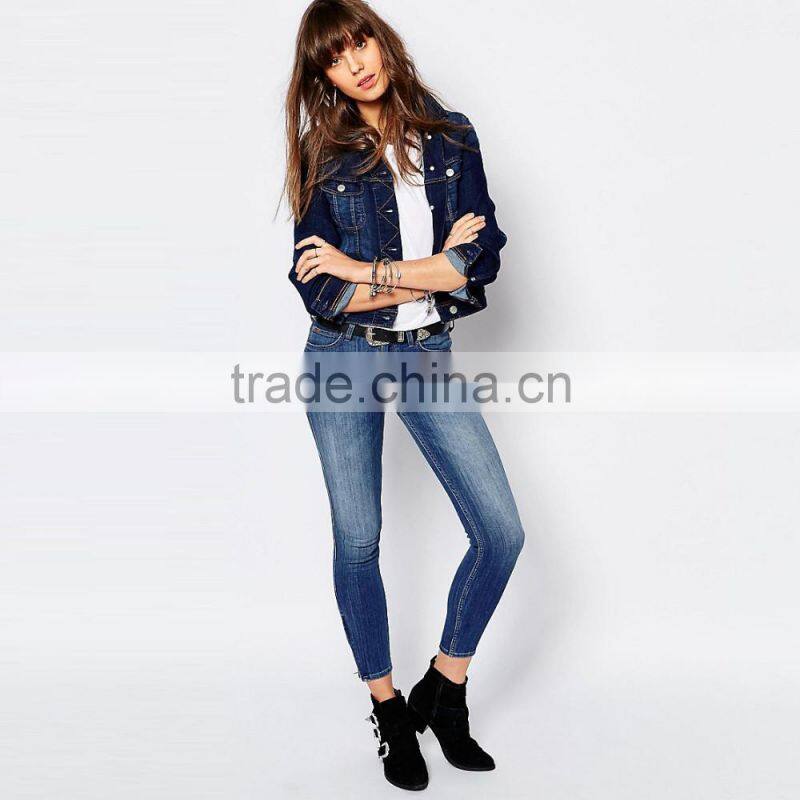 dark blue denim no hood jacket cheap factory price for women