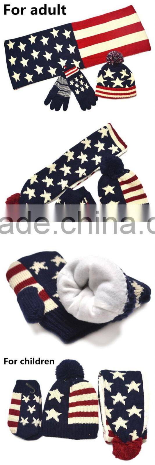 Fashion UK Flag Patten Design Knitted Scarf Hat Glove Sets Wholesale
