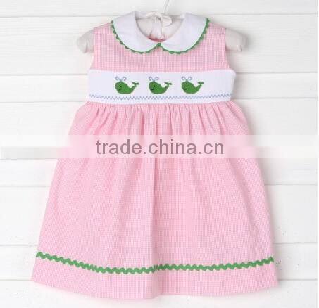 2017 Spring New Arrive Little Girls Easter Clothes Smocked Whale Collared Jummper Pink Gingham Dress