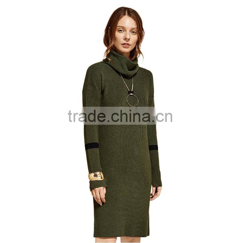 2017 fashion design ladies green color turtleneck sweater dress