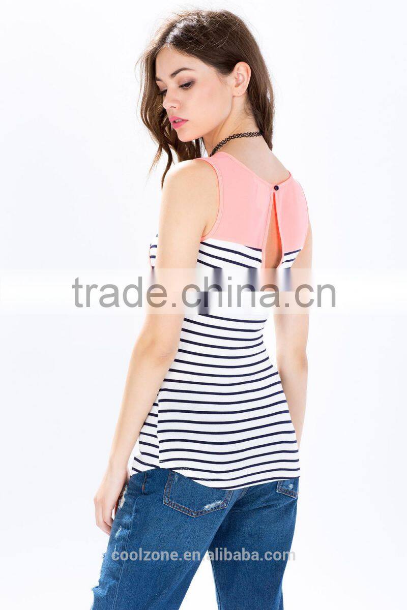Hot selling sleeveless strips kinited pocket front clip back lady blouse