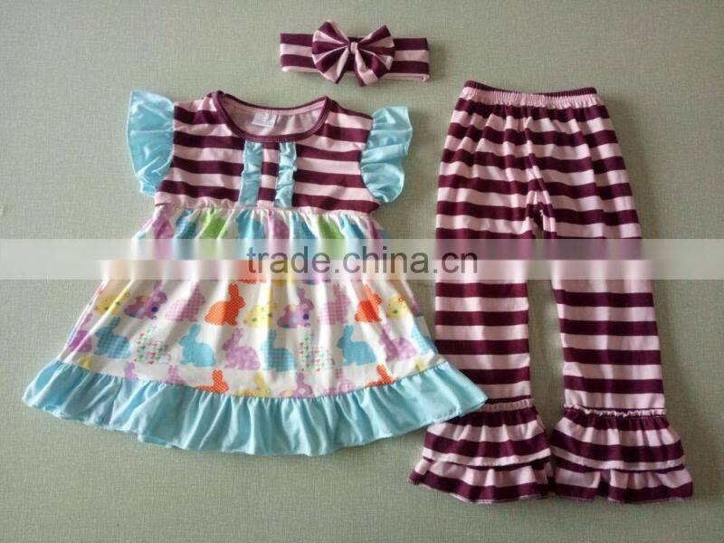 2017 cotton solid dress and stripe ruffle pants sets Bunny applique baby girls toddler Easter outfits