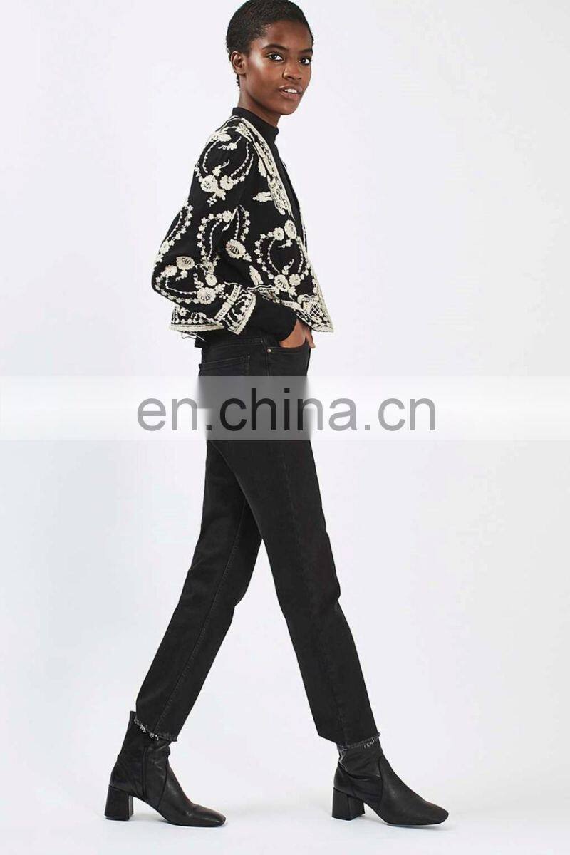 High fashion petite lace embroidered jacket black color ladies blazer designs