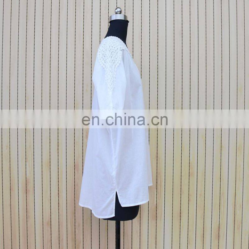 women V neck T-shirt short sleeve cotton lace decorate blouse